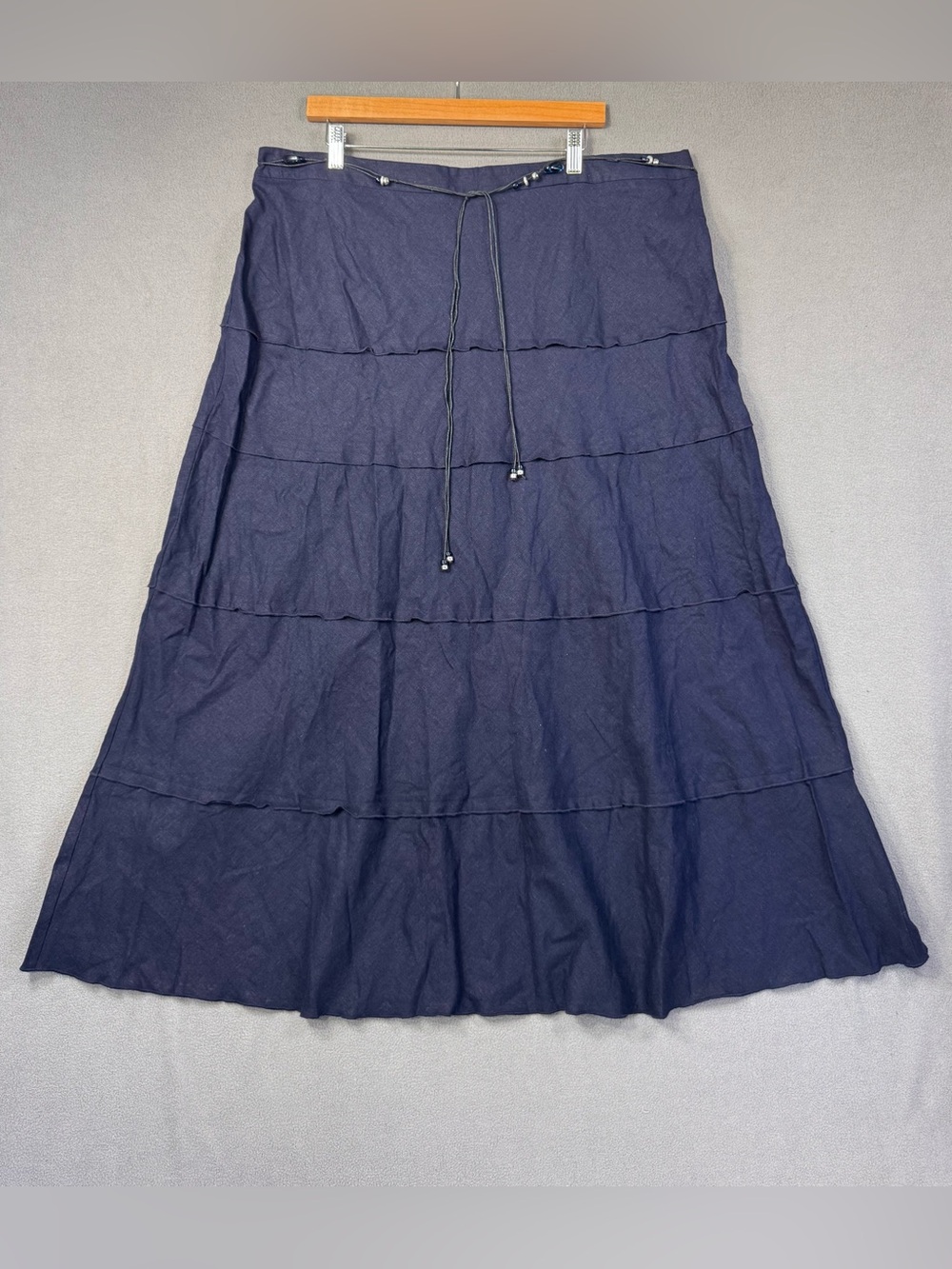 Vintage Linen Harve Benard Navy Tiered Maxi Skirt with Beaded Belt, Size 20W